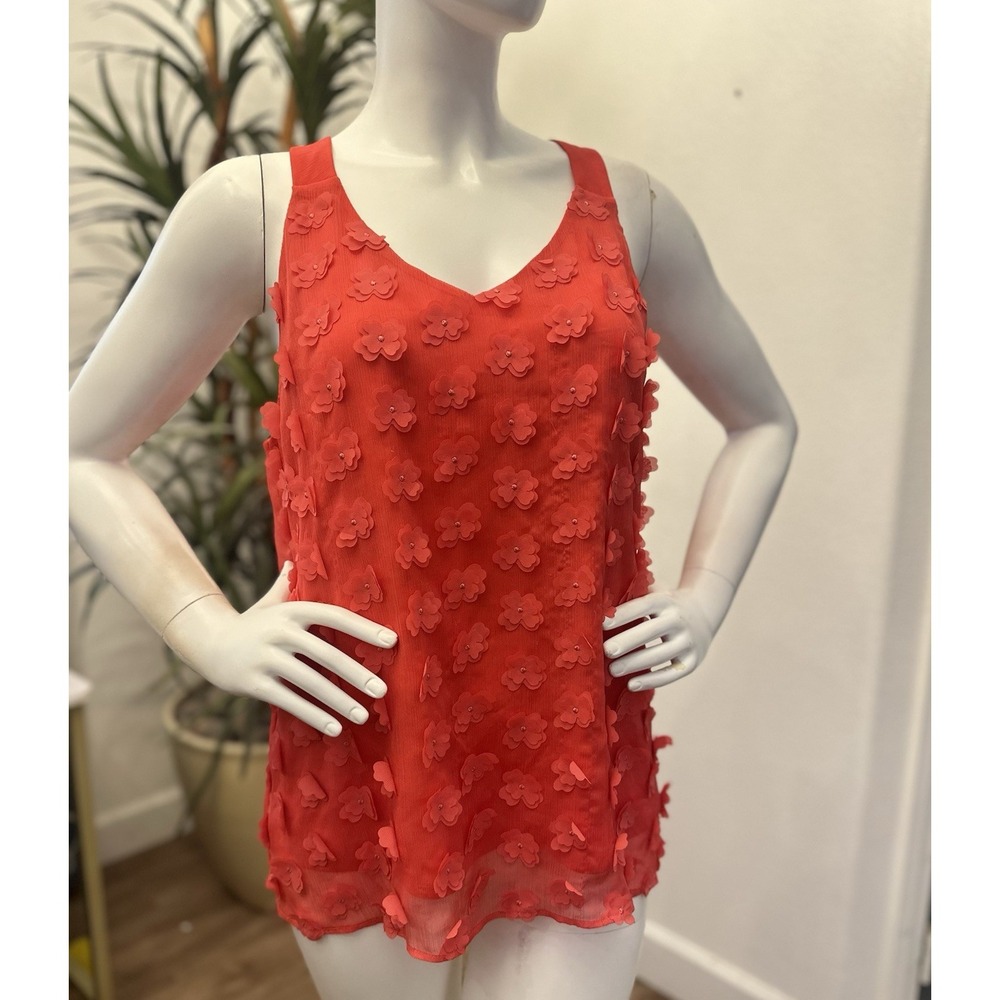 NY&CO 7th Avenue Cami Sz L 3D Floral Appliqué‎ Sheer Tank Top Beaded Sleeveless